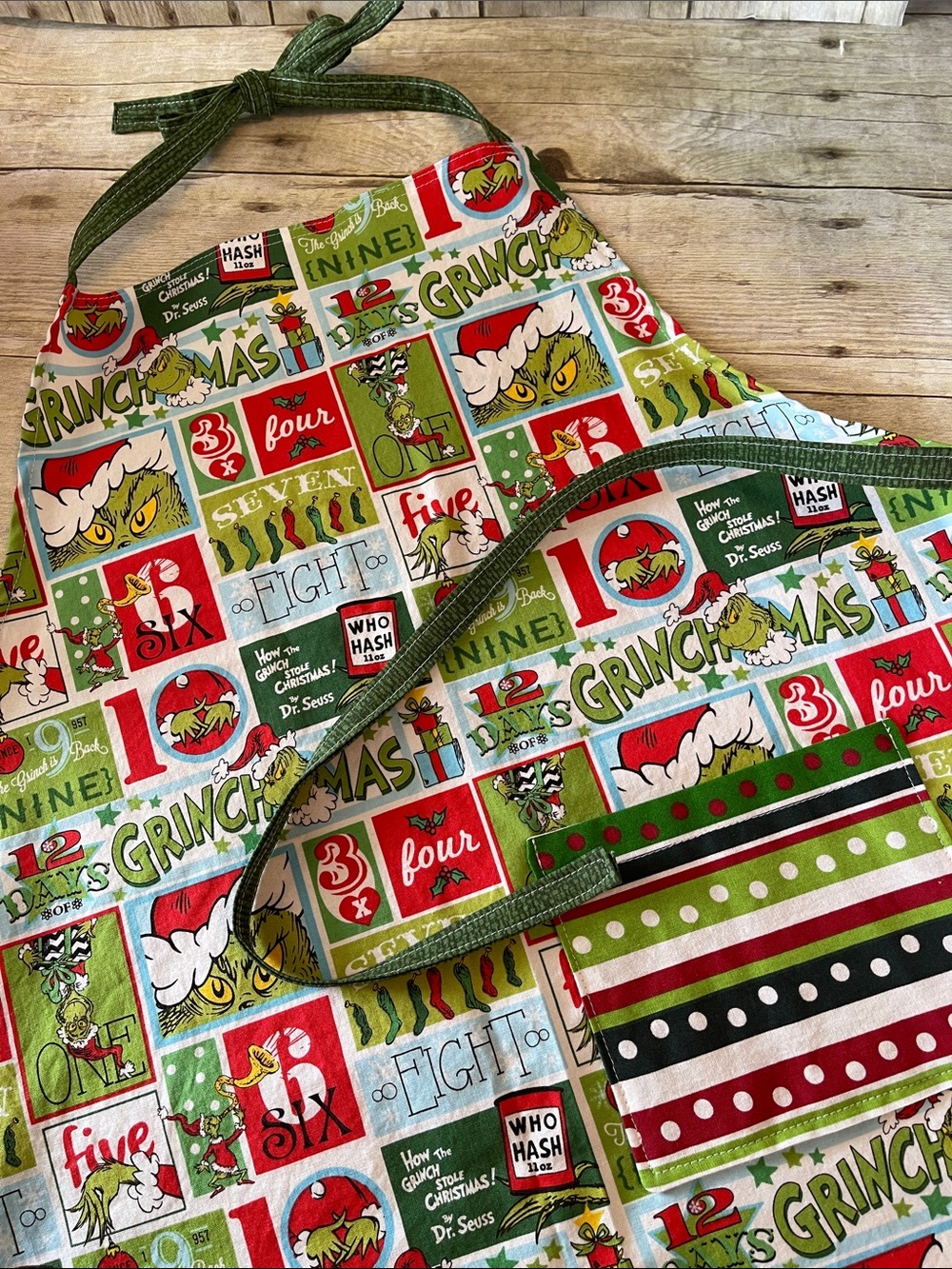 Kids Apron Grinch Fits Ages 3 - 10 Years Old One Sided Cotton 12 Days Grinchmas